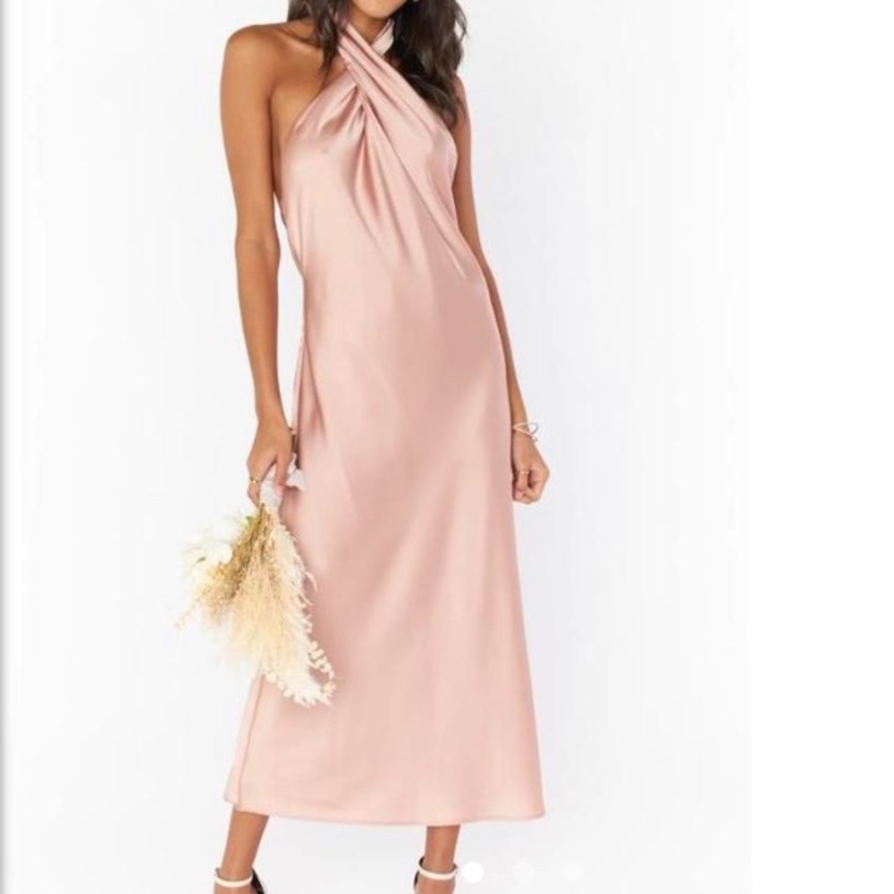 Show Me Your Mumu Jasmine Halter Dress in Rose Gold Luxe Satin